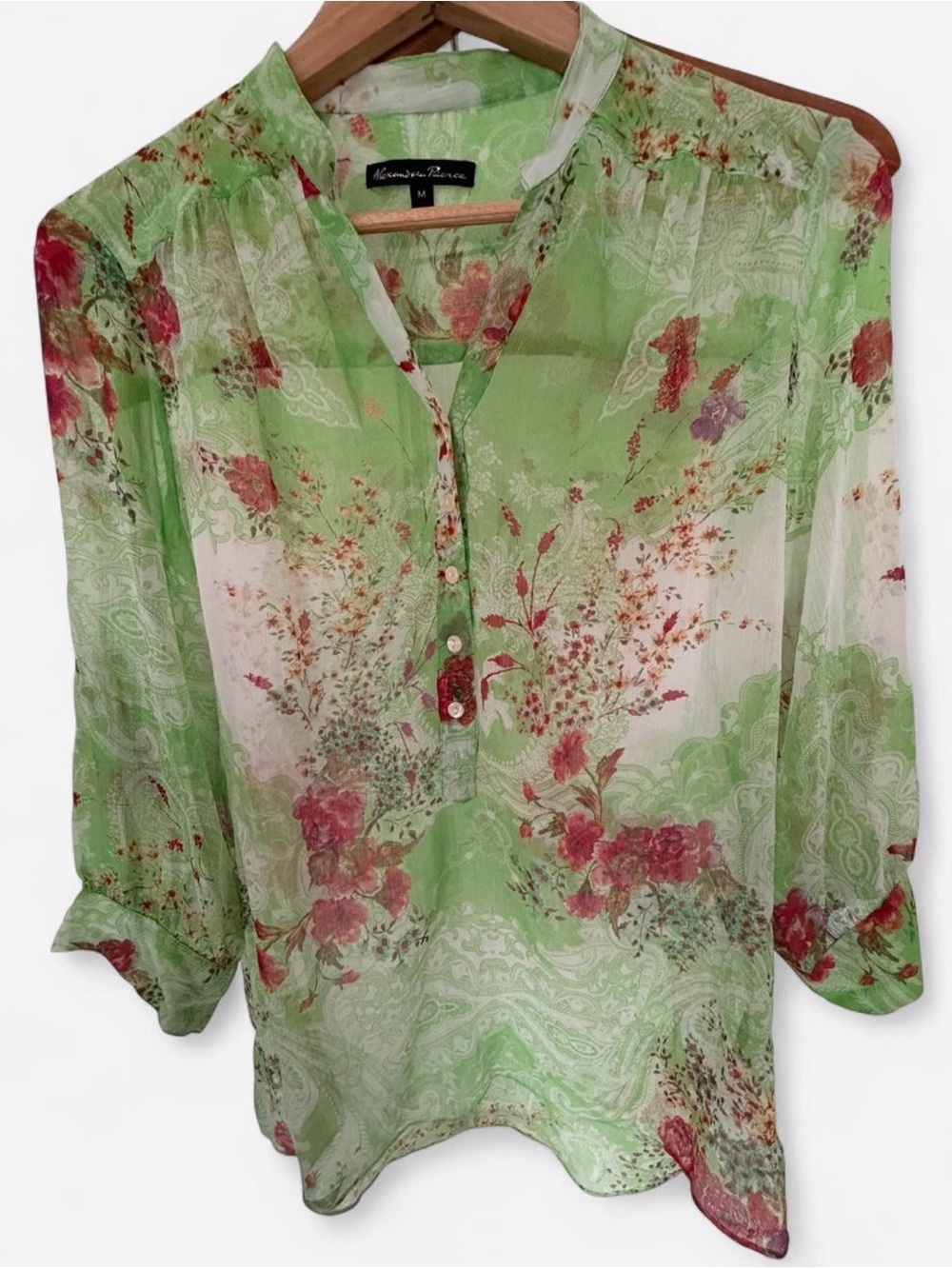 Alexandria Pierce Green Floral Semi-Sheer V-Neck Blouse